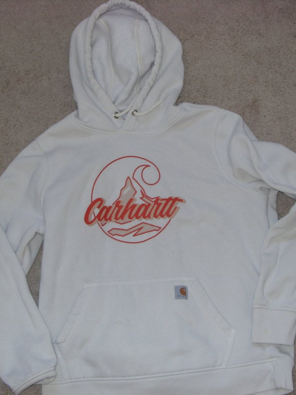 Carhartt Hoodie Womens L (12-14) White pullover Relaxed Fit Pockets Graphic Logo